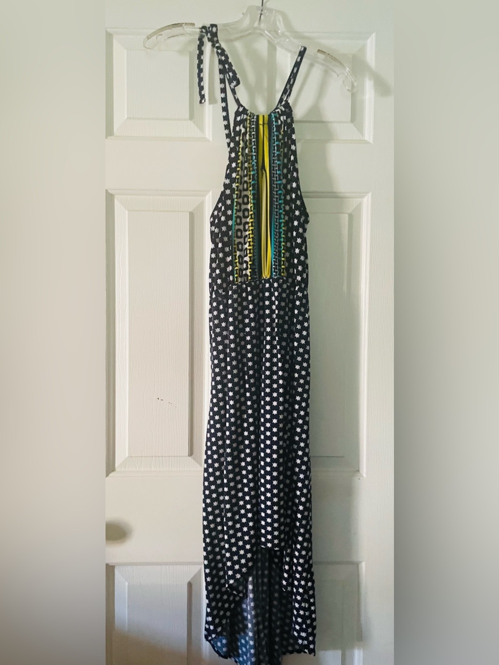 Kaari Blue Navy & White Star Print Maxi Dress with High Low Hem